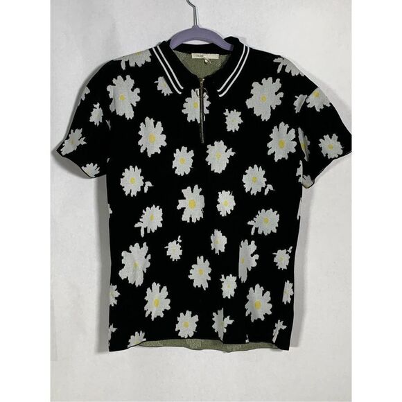Maje Women's Black Daisy Print Jacquard Quarter Zip Polo Shirt Size 1 Sm… - Picture 2 of 16